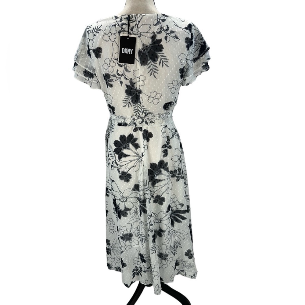 DKNY Short Sleeve Floral Print Faux Wrap Midi Dress - White Black - size 10 - Picture 3 of 9